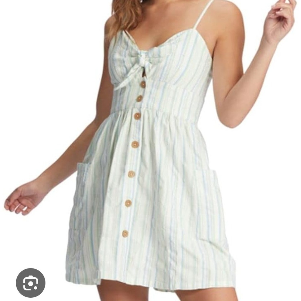 Roxy Striped Mini Dress‎ White Blue Green Button Front Tie Sleeveless Casual XS